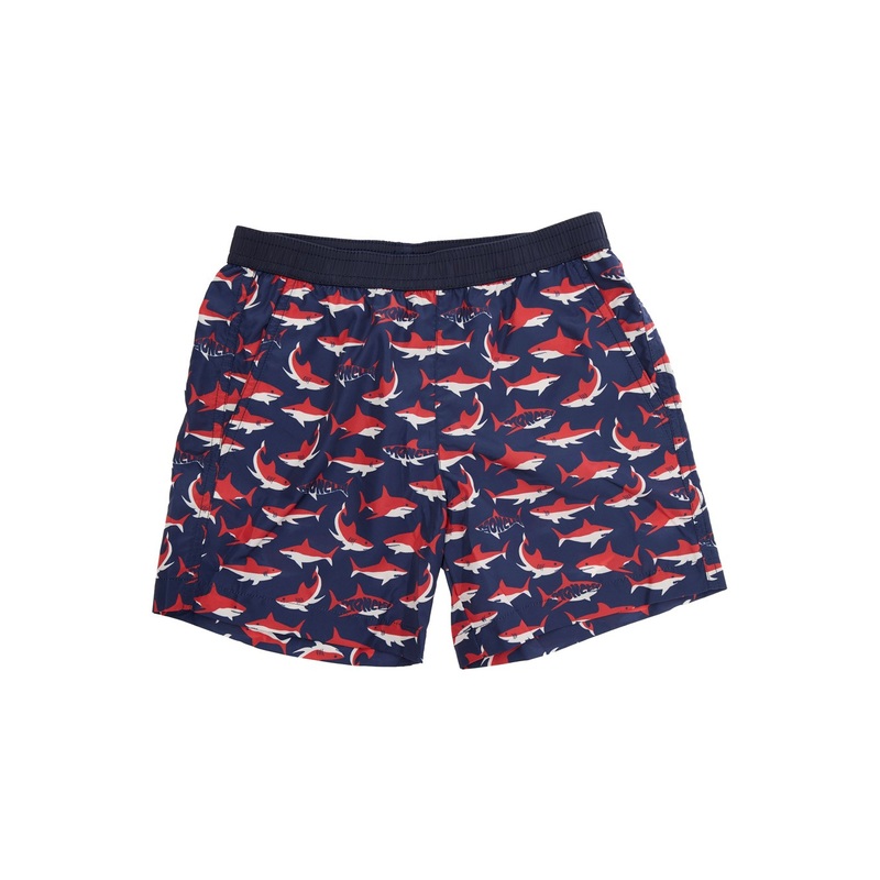 Multicolor Swimsuit with All-Over Shark Print and Logo Patch on the Back  in Tech Fabric Boy