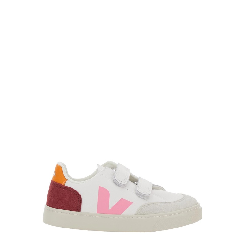 ‘V-12’ White Low Top Sneakers with Logo Patch on the Side and Contrasting Heel with Logo Lettering in Leather Girl