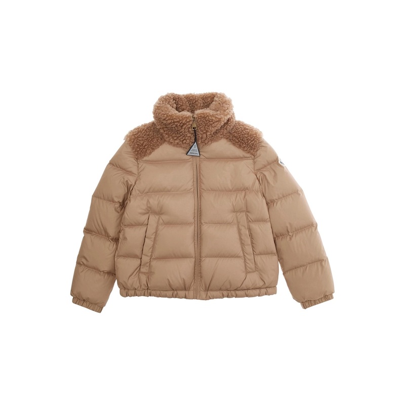 ‘Vard’ Beige Down Jacket with Eco-Fur Details and Logo Patch on the Sleeve in Tech Fabric Girl