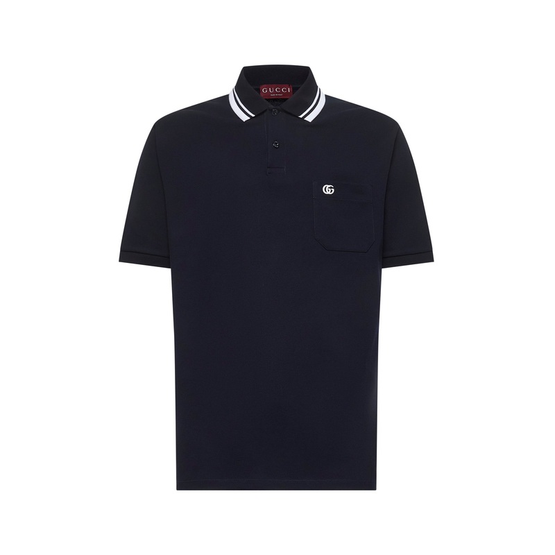 Blue stretch cotton embroidered polo shirt
