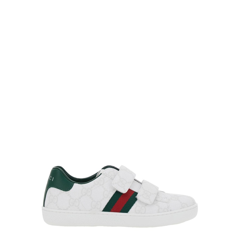 ‘Plastic’ White Low Top Sneakers with Web Detail on the Side in GG Canvas Boy