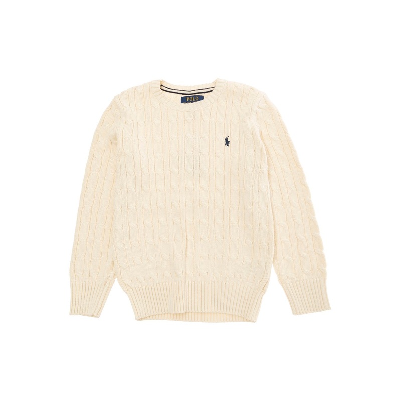 Beige Cable Knit Sweater with Pony Embroidery in Knit Boy