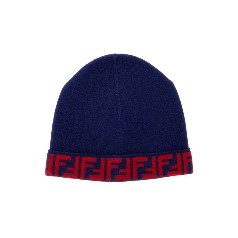 Blue Beanie with FF Brim in Wool and Cashmere Woman