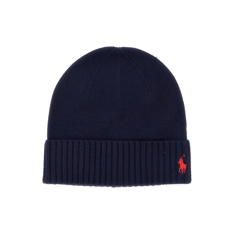 Blue Beanie with Pony Detail on the Brim in Wool Boy