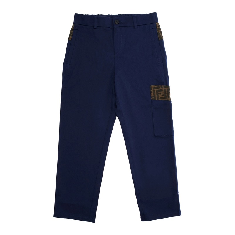 Blue Pants with Rear Elastic Waist and FF Embellishments in Cotton Boy