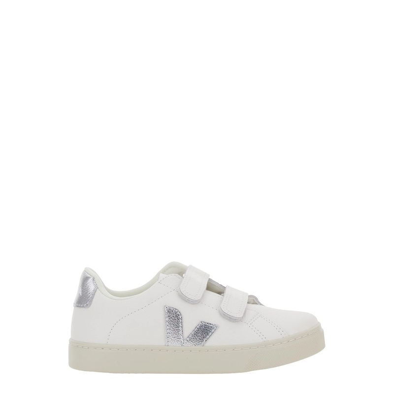 ‘Esplar’ White Low Top Sneakers with Touch-Strap Closure on the Front and Laminated Heel with Logo Lettering in Leather Boy