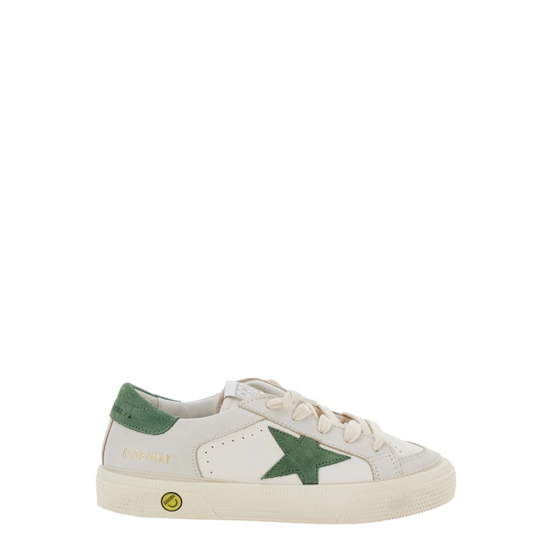 ‘May’ White Low Top Sneakers with Star Patch on the Side and Contrasting Heel with Logo Lettering in Leather Boy