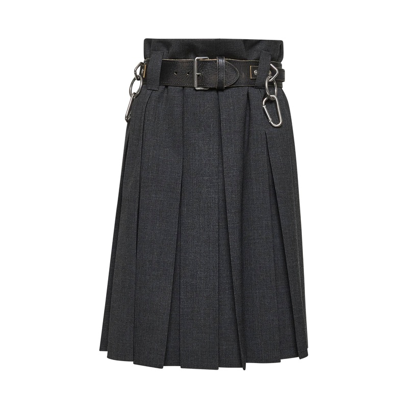 Slate grey wool pleated skirt with belt