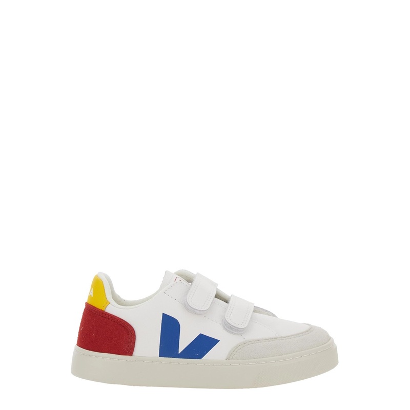 ‘V-12’ White Low Top Sneakers with Logo Patch on the Side and Contrasting Heel with Logo Lettering in Leather Boy
