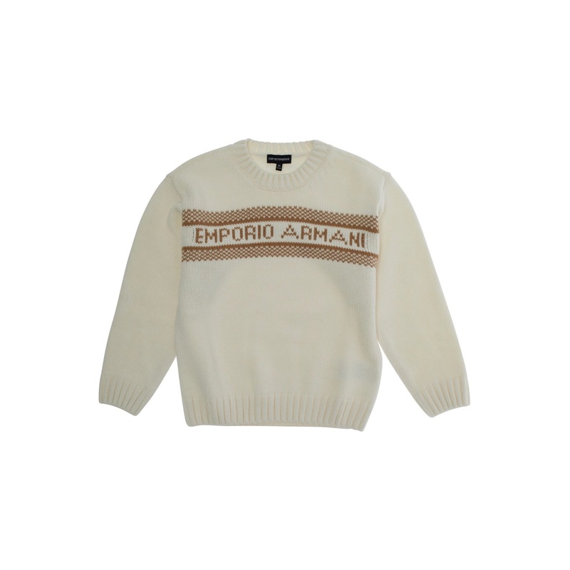 White Crewneck Sweater with Maxi Logo Lettering on the Front and Ribbed Trims in Wool Blend Boy