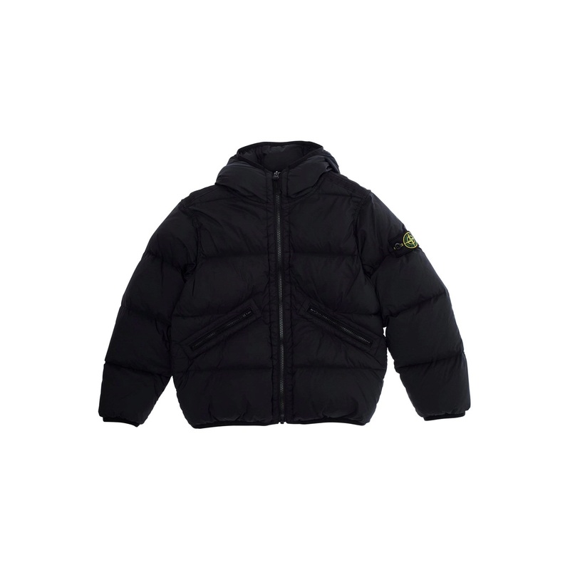 Black Down Jacket with Fixed Hood and Logo Patch on the Sleeve in Tech Fabric Boy