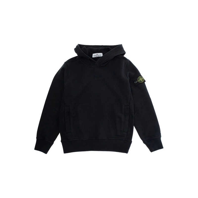Black Hoodie with Fixed Hood and Logo Patch on the Sleeve in Cotton Boy
