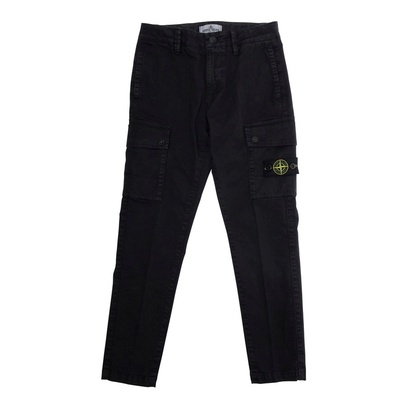 Black Pants with Two Front Cargo Pockets and Logo Patch on the Pocket in Cotton Stretch Boy