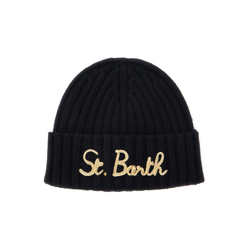 Black Ribbed Beanie with Embroidered Logo on the Front in Wool Boy