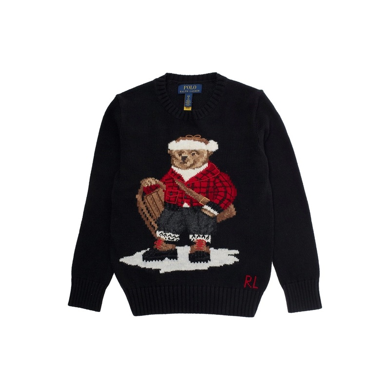 Black Sweater with Maxi Polo Bear Embroidery on the Front and Ribbed Trims in Cotton Boy