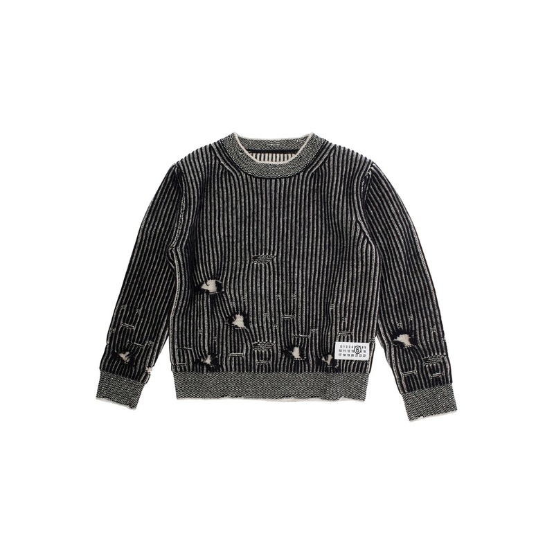 Black Sweater with Ripped Details and Logo Patch in Wool Boy