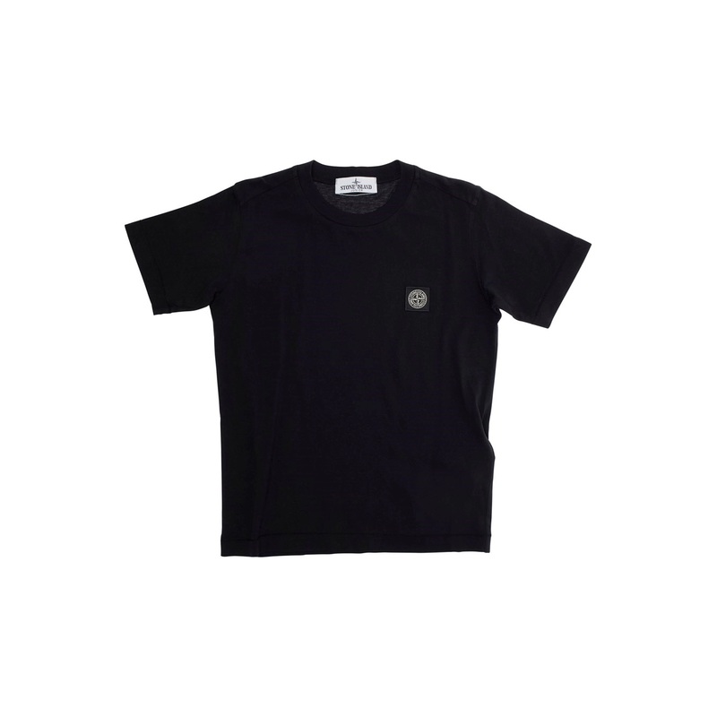 Black T-Shirt with Round Neck and Logo Patch on the Front in Cotton Boy