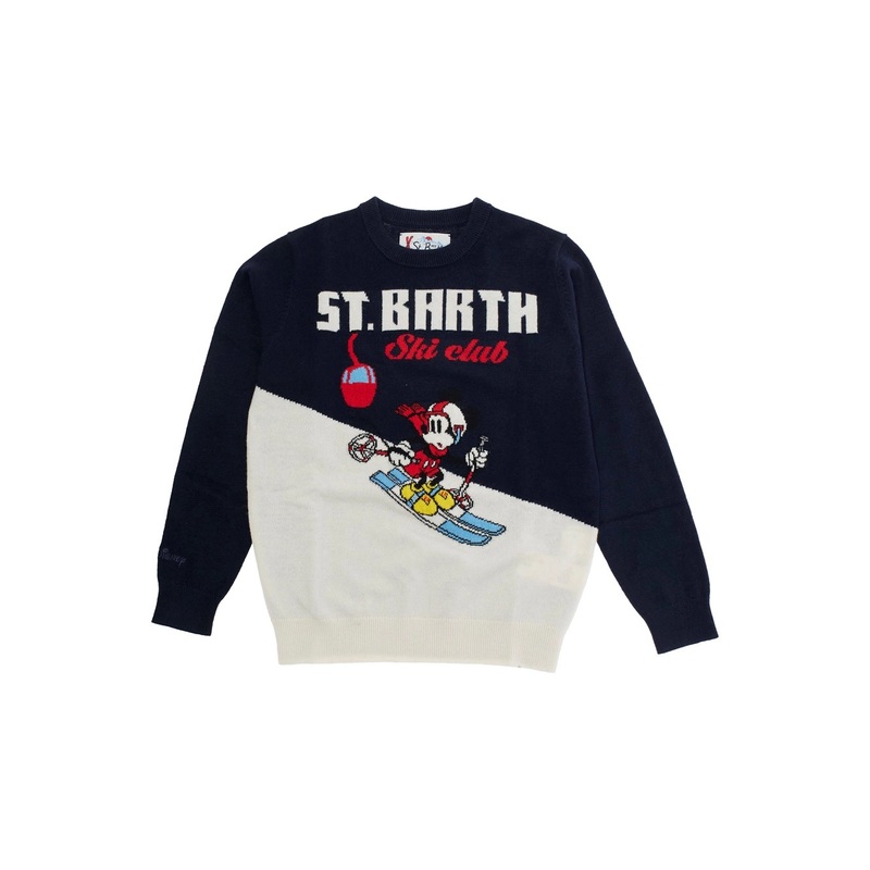 Blue Crewneck Sweater with Maxi Embroidery on the Front and Logo Lettering on the Front in Wool Blend Boy