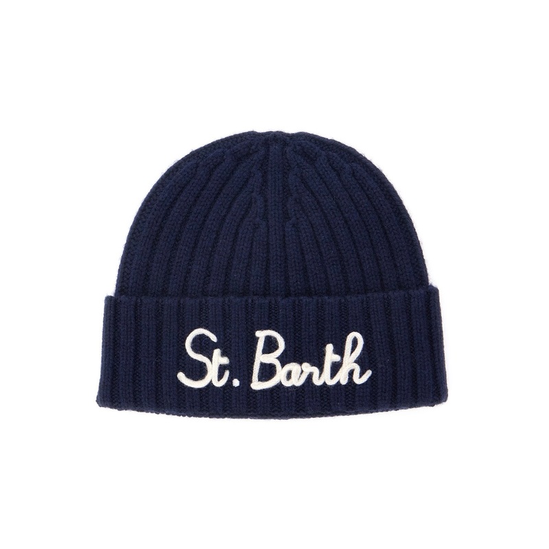 Blue Ribbed Beanie with Embroidered Logo on the Front in Wool Boy
