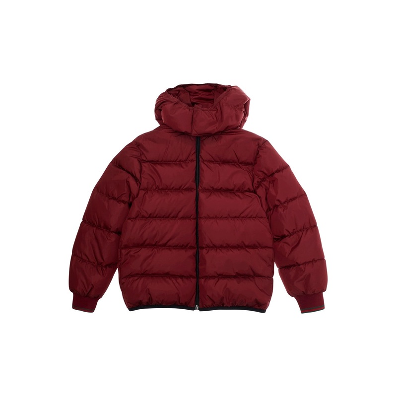 Bordeaux Down Jacket with Fixed Hood and Web Details on the Edges in Tech Fabric Boy