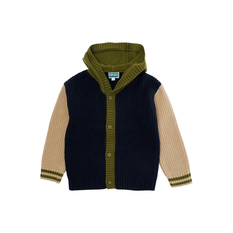 Multicolor Ribbed Cardigan with Maxi Logo on the Back in Cotton and Wool Blend Boy