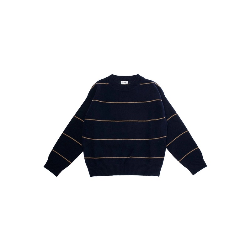 Blue Crewneck Sweater with Ribbed Trims and All-Over Striped Motif in Wool Boy