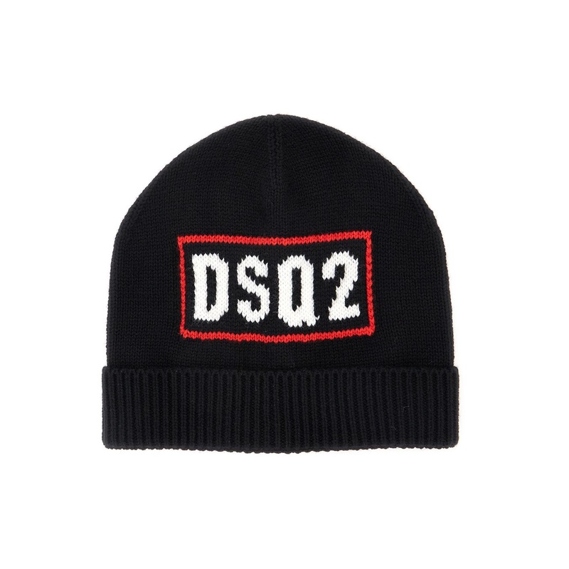 Black Beanie with Logo Embroidery on the Front in Wool and Cotton Blend Boy