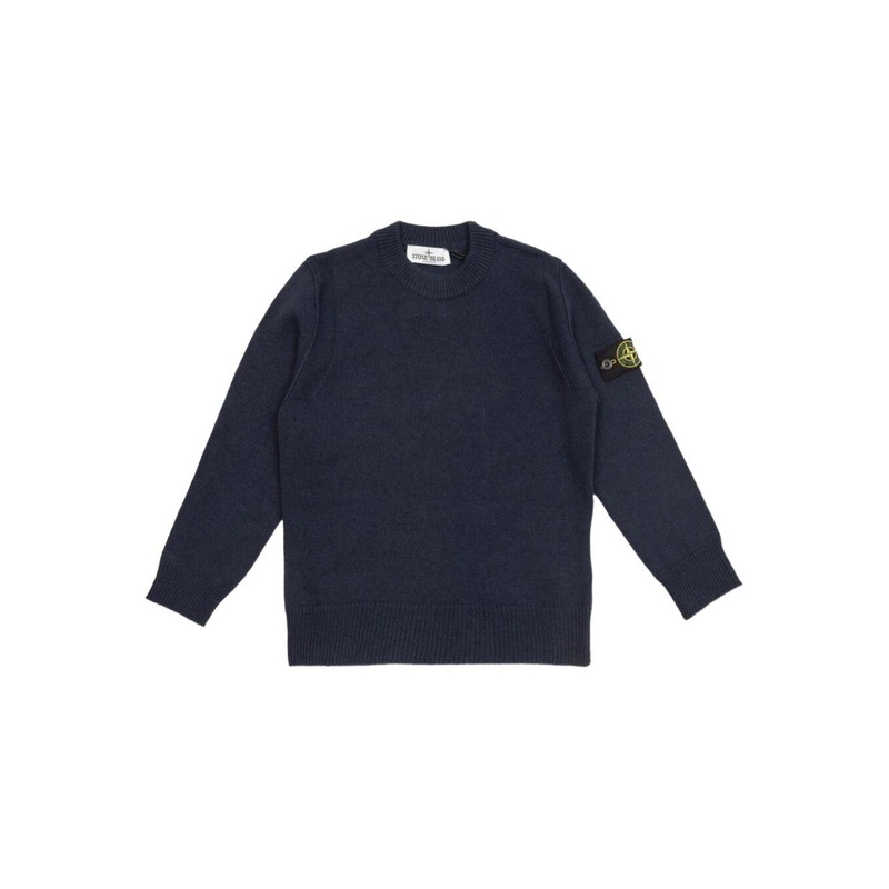 Blue Crewneck Sweater with Logo Patch on the Sleeve in Ribbed Trims in Wool and Cashmere Blend Boy