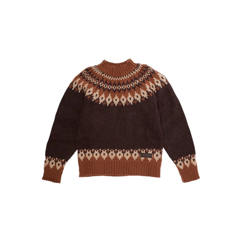Brown Crew Neck Sweater with Geometric Motif in Wool Blend Boy
