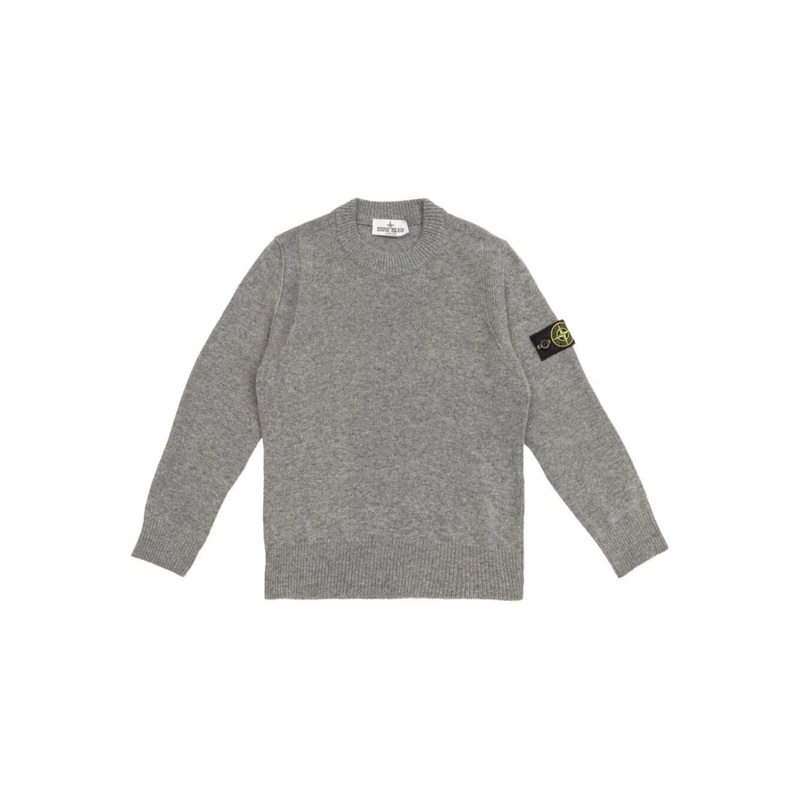 Grey Crewneck Sweater with Logo Patch on the Sleeve in Ribbed Trims in Wool and Cashmere Blend Boy