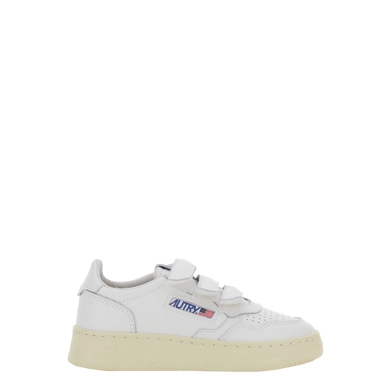 ‘Kidstripes’ White Low Top Sneakers with Logo Patch on Tongue and Side in Leather Boy