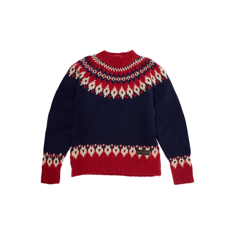 Multicolor Crew Neck Sweater with Geometric Motif in Wool Blend Boy
