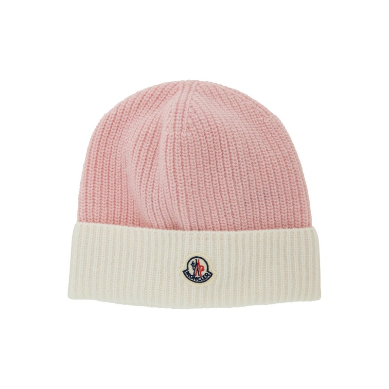 Pink and White Bi-Color Beanie with Logo Patch in Wool Baby