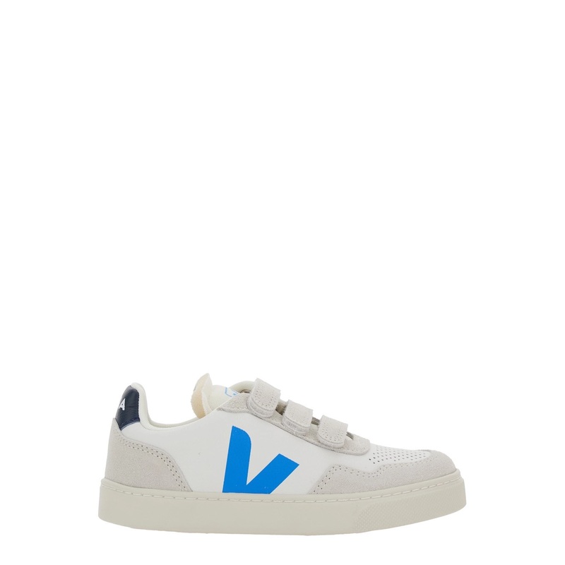 ‘V-90’ White Low Top Sneakers with Logo Patch on the Side and Contrasting Heel with Logo Lettering in Leather Boy