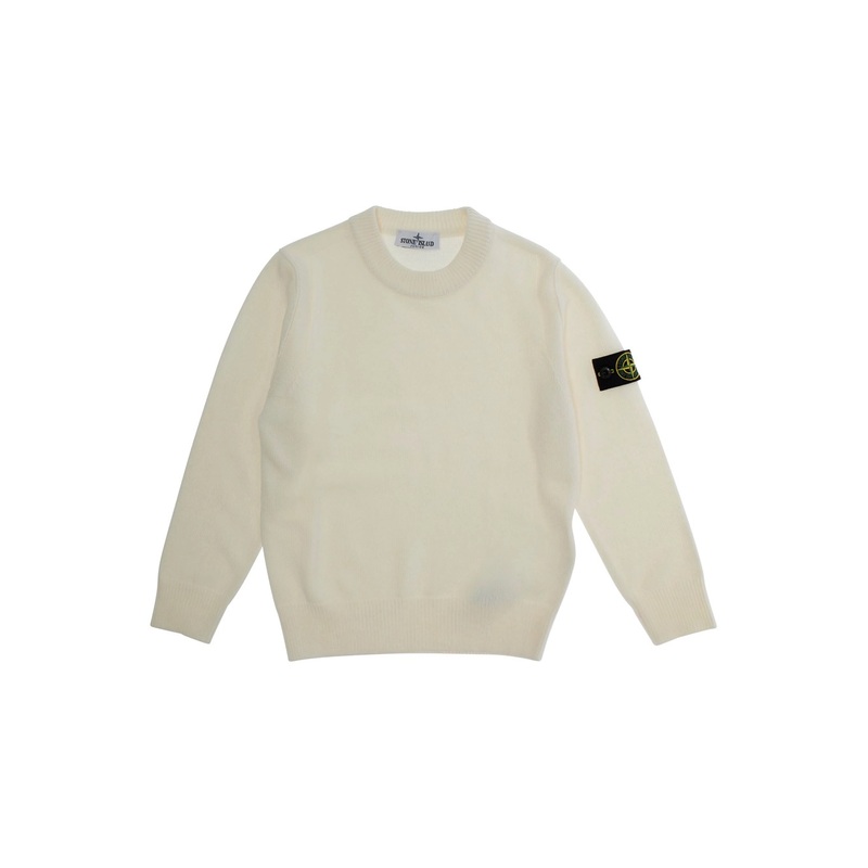White Crewneck Sweater with Logo Patch on the Sleeve in Ribbed Trims in Wool and Cashmere Blend Boy