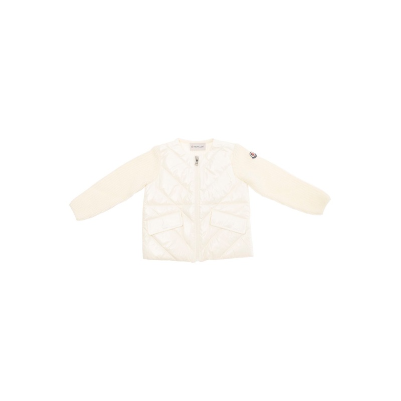 Cream White Padded Cardigan with Logo Patch in Wool Baby