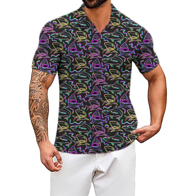 Men’s Neon Sharks V Neck Golf Polo Shirts