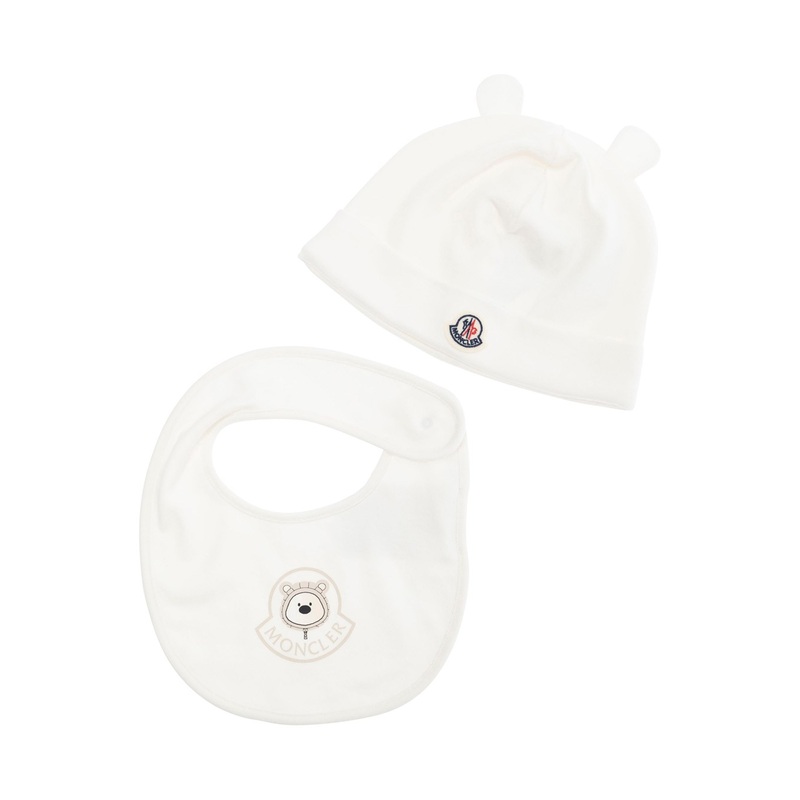 White Set of Beanie and Bib with Patch Logo and Bear Print on the Front in Cotton Baby
