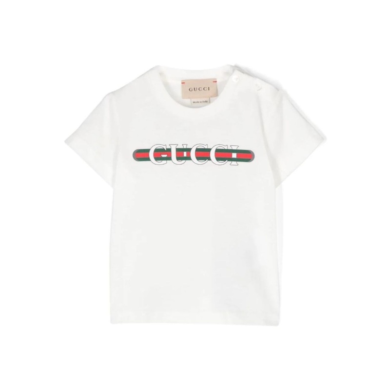 White T-Shirt with Logo Print and Web Detail on the Front in Cotton Baby
