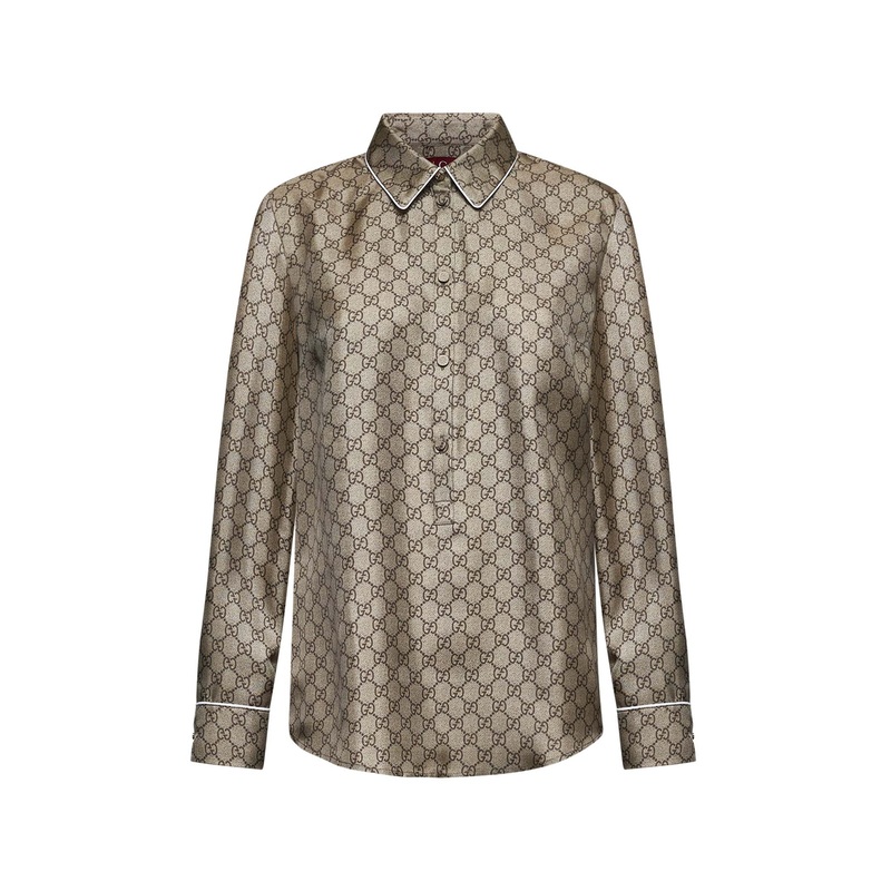 Beige printed silk twill shirt