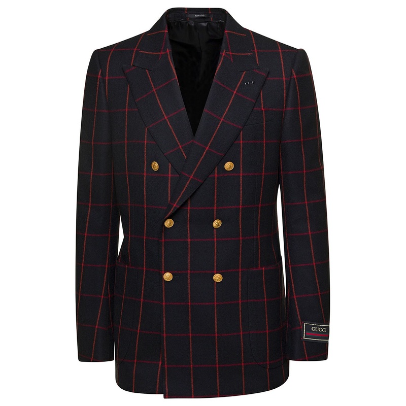 Black Double-Breasted Jacket with Check Motif in Wool Man