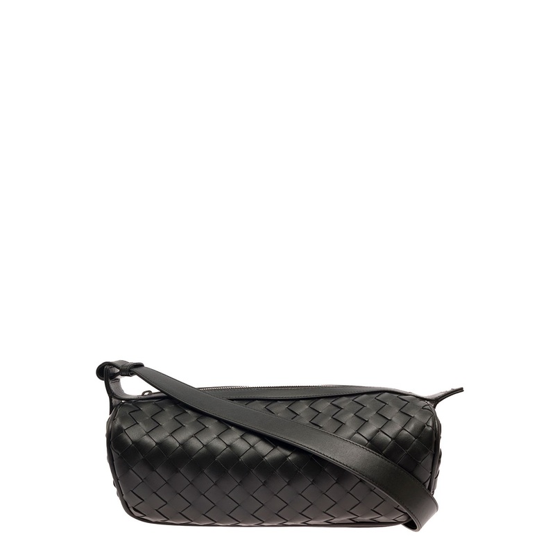 ‘Cannolo’ Black Crossbody Bag with Intreccio Motif in Leather Man