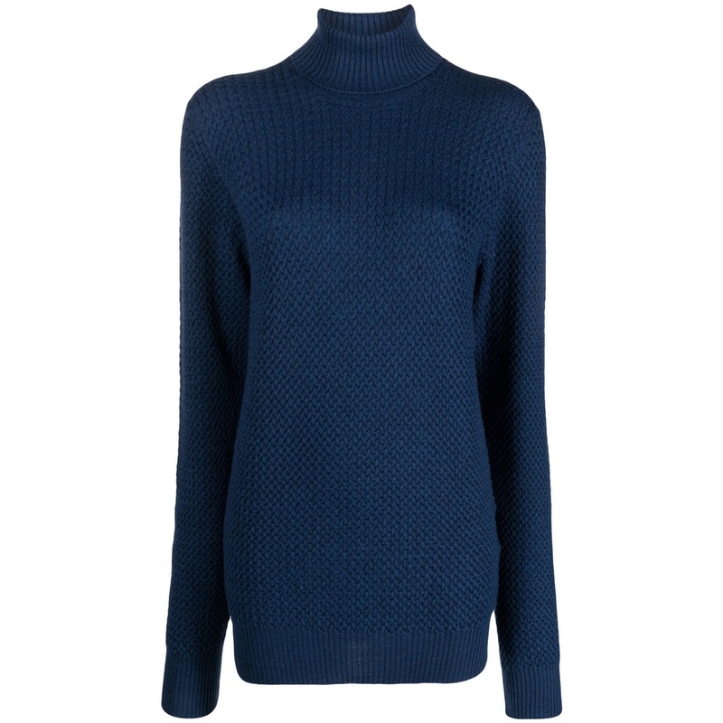 Navy Blue Virgin Wool Roll Neck Sweater
