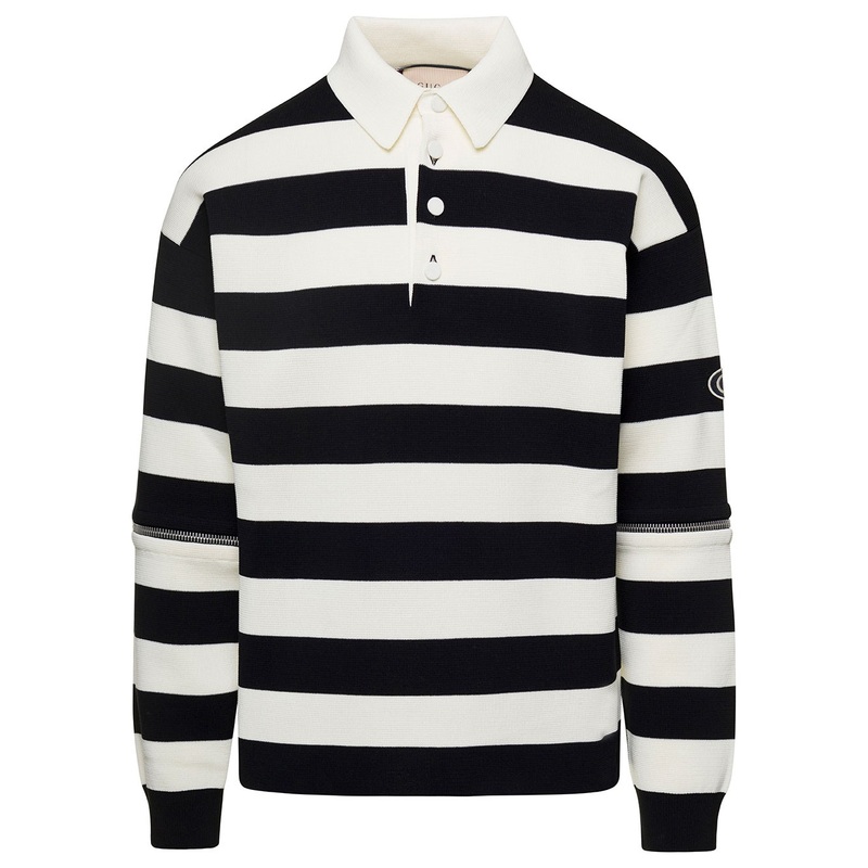 Striped Black and White Knit Polo with Detachable Sleeves in Cotton Man