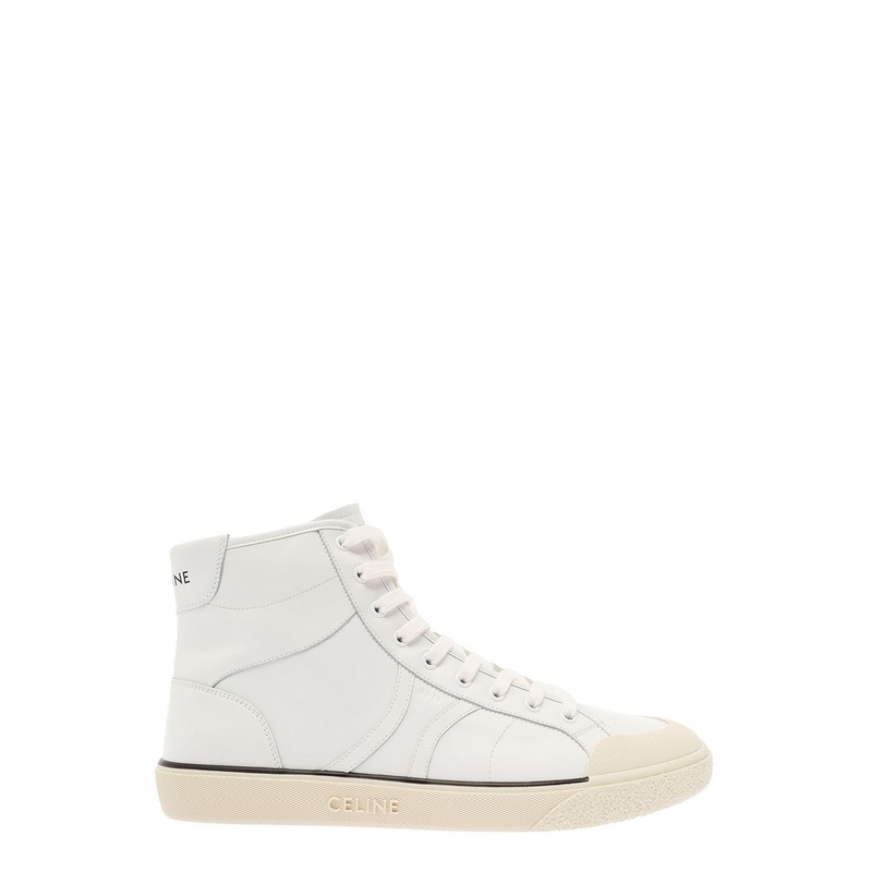 White Mid-Top Sneakers with Contrasting Logo Print at the Back in Smooth Leather Man