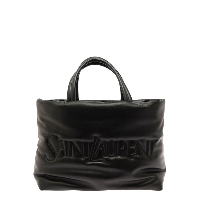 Black Tote Bag with Logo Lettering in Quilted Leather Man