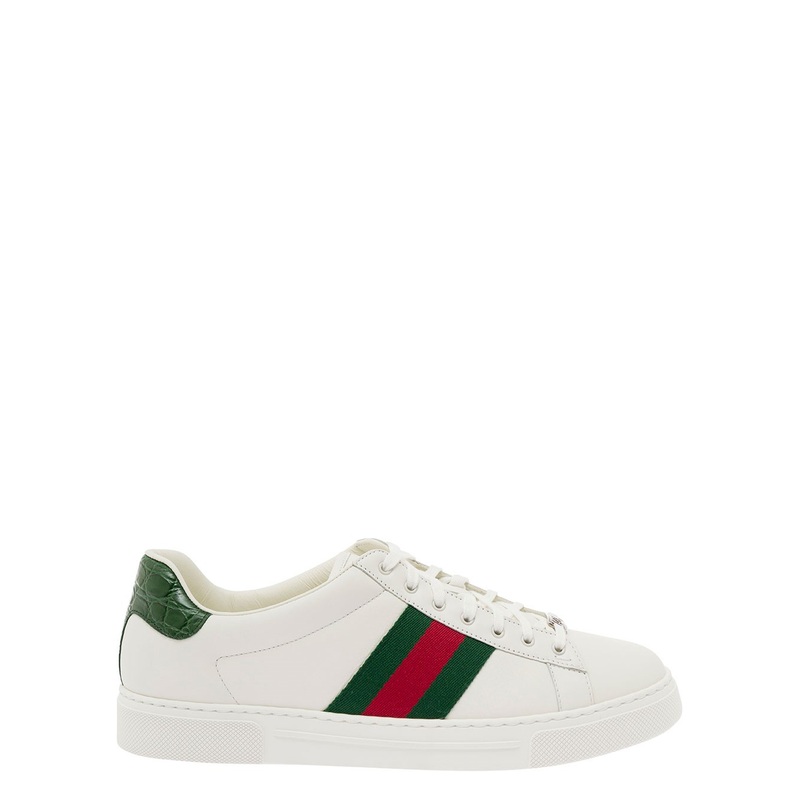 ‘Ace’ White Low Top Sneakers with Web Details in Leather Man