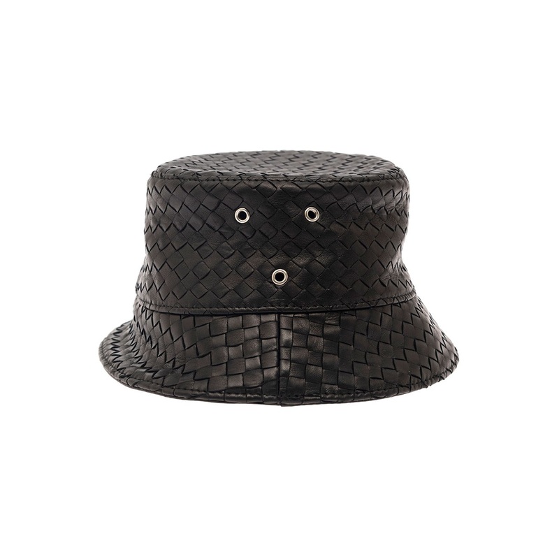 Black Bucket Hat with Metal Eyelets and Intreccio Motif in Leather Man