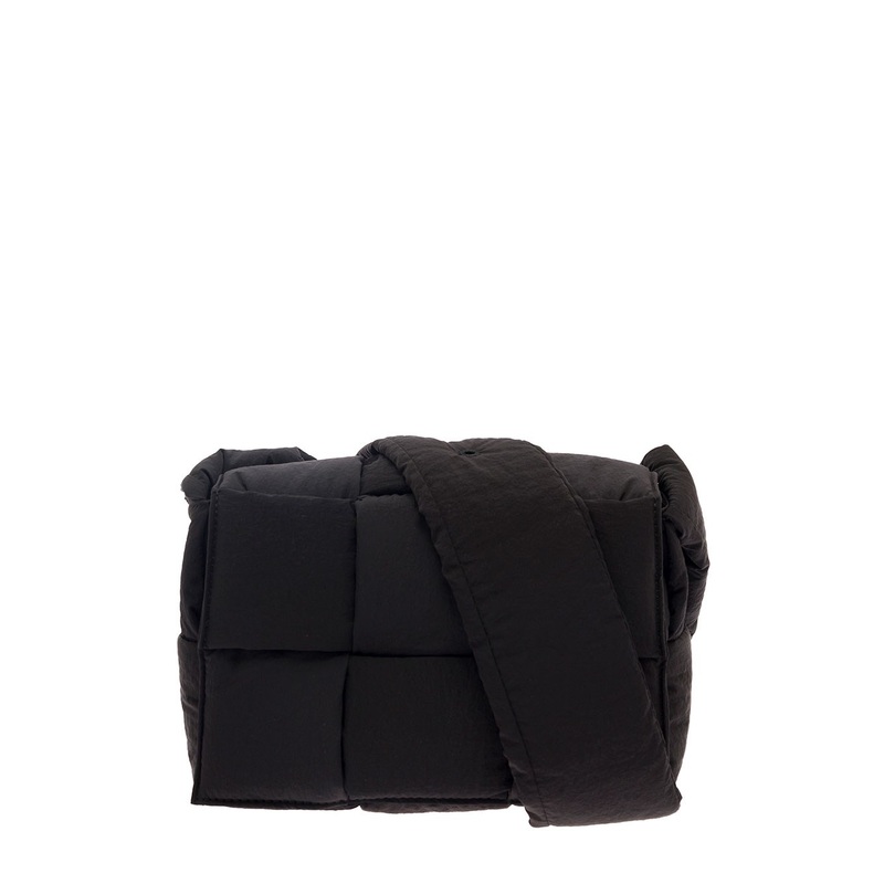 Black Shoulder Bag with Intreccio Motif in Nylon Man
