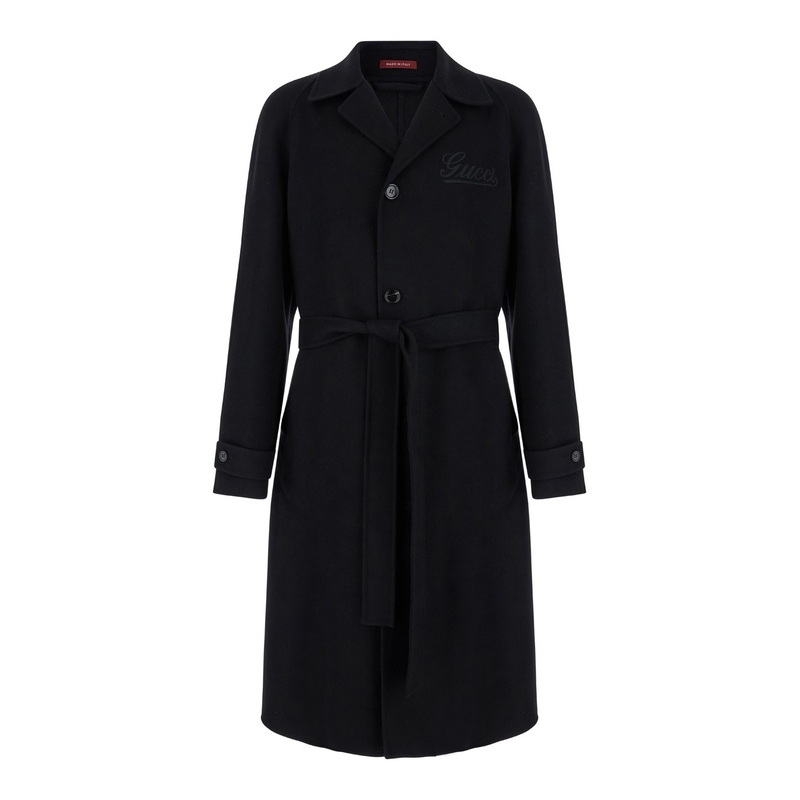 Black Single-Breasted Coat with Wide Notched Revers and Belt in Wool Man